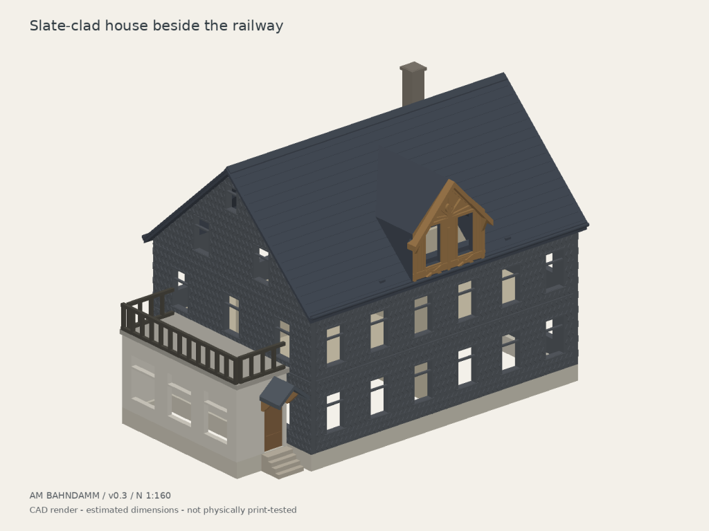 CAD render of the Am Bahndamm v0.3 house with slate-clad walls, projecting dormer and optional annex.