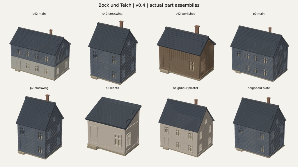 Generated exterior overview of the eight Bock und Teich house and workshop modules, development revision v0.5.