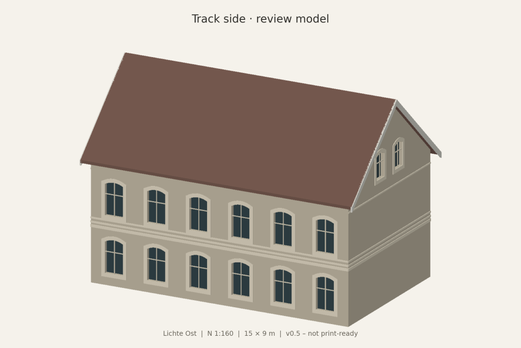 Generated track-side view of the two-storey Lichte Ost residential house, development revision v0.5.