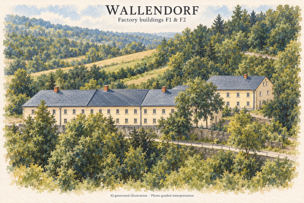 AI-generated watercolor illustration of Wallendorf factory buildings F1 and F2, viewed across the valley with F2 visible uphill on the right.