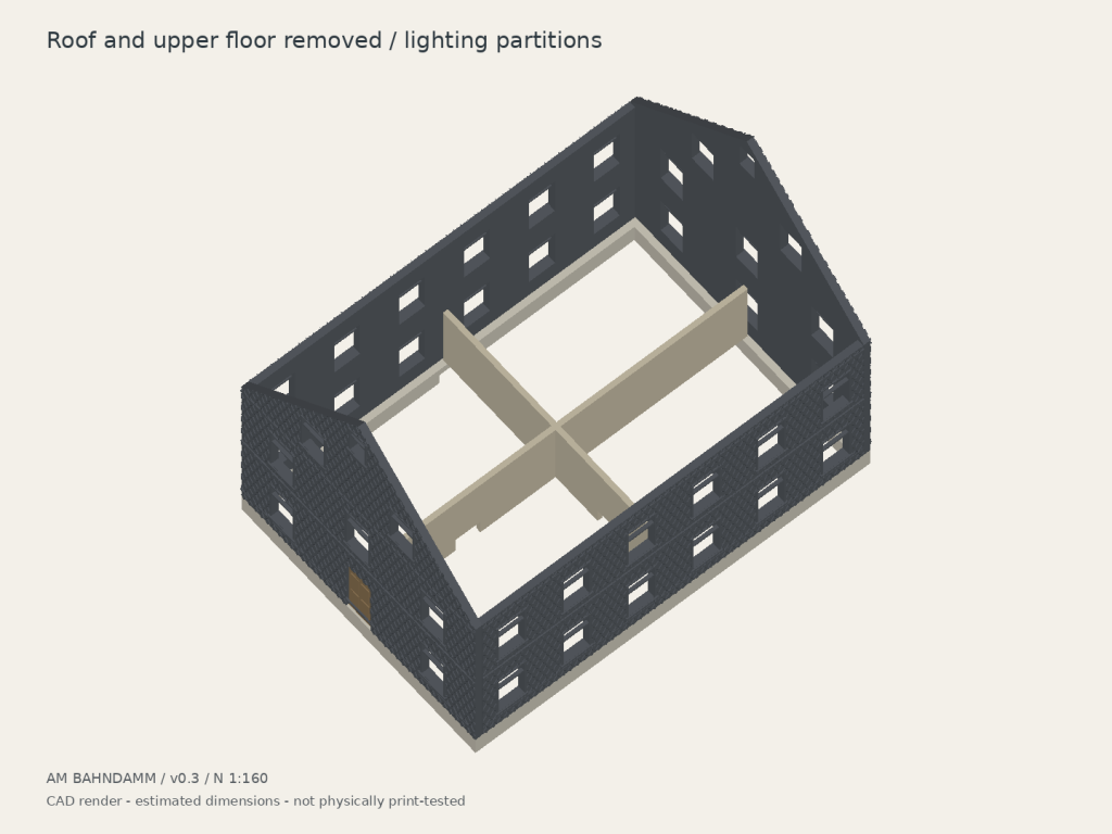 Roof-off CAD view of the Am Bahndamm v0.3 house, showing the removable floor and interpreted room partitions.