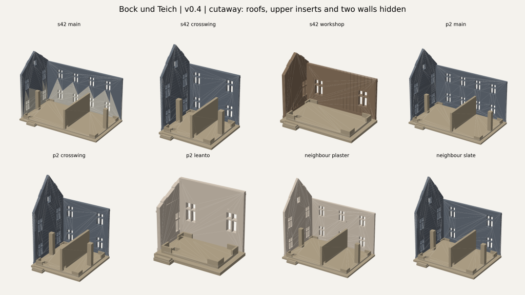 Generated roof-off view of the Bock und Teich v0.5 building modules and their interior compartments.