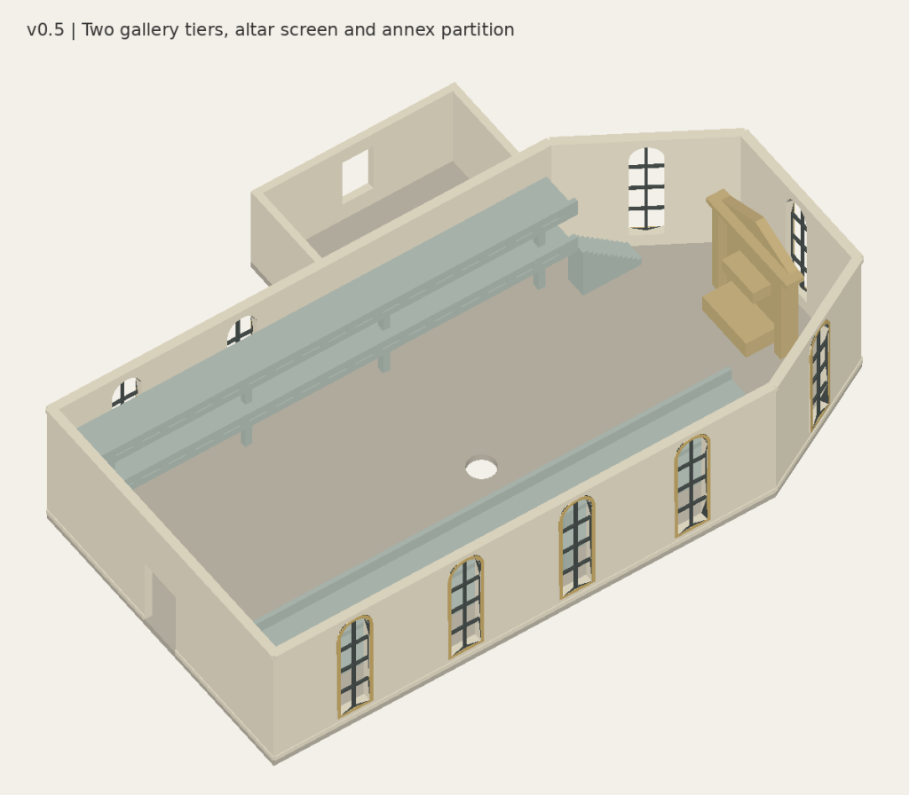 Generated roof-off view of the Elisabethkirche v0.6 model showing the church interior and galleries.