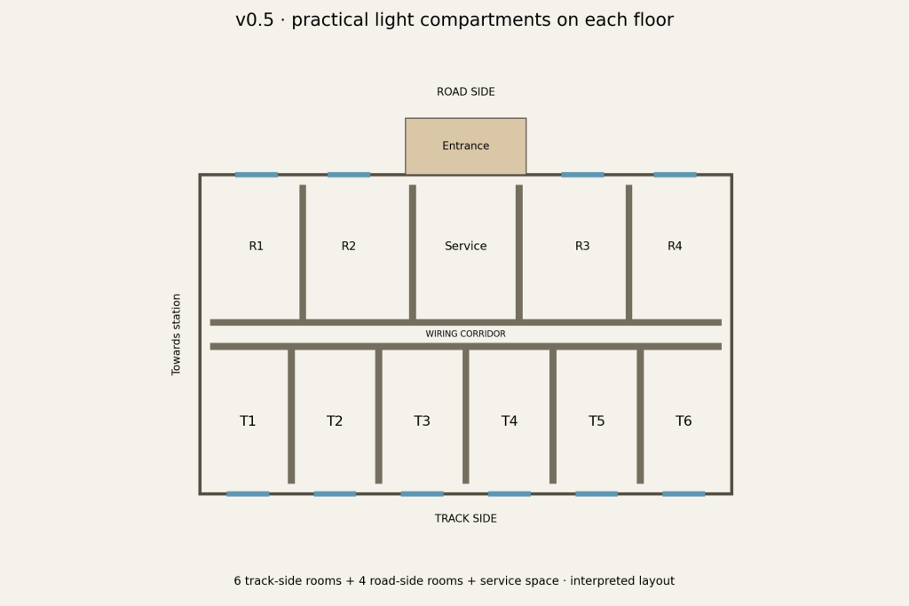 Model interior plan showing floor inserts and separate lighting compartments in the Lichte Ost residential house v0.5.