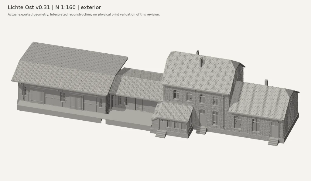 Digital exterior overview of the Lichte Ost N-scale model geometry included in the current customer package.