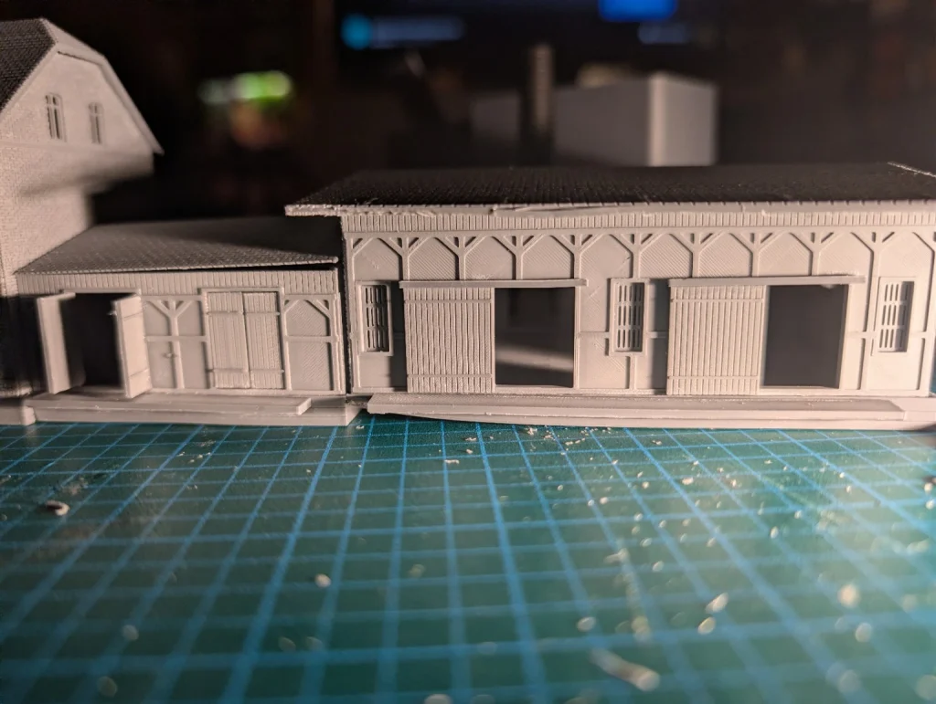 Detail photograph of goods-shed doors on the earlier N-scale test build.