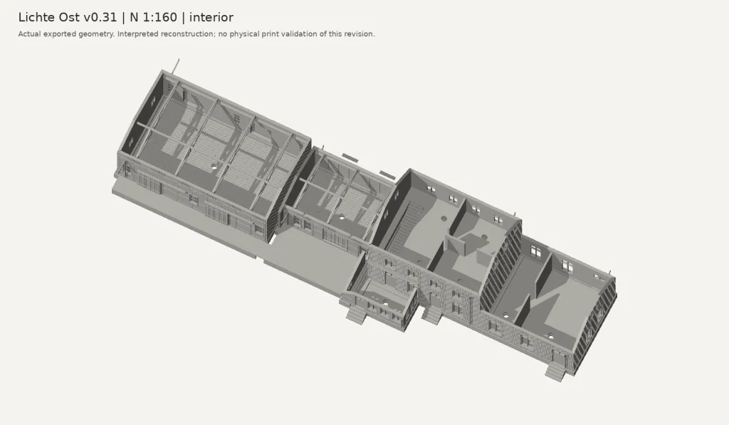 Digital roof-off interior view of the Lichte Ost N-scale model.