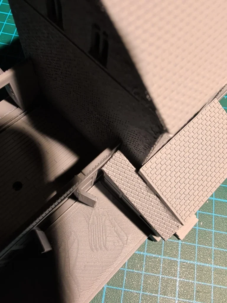 Detail photograph documenting the roof junction on the earlier N-scale test build.