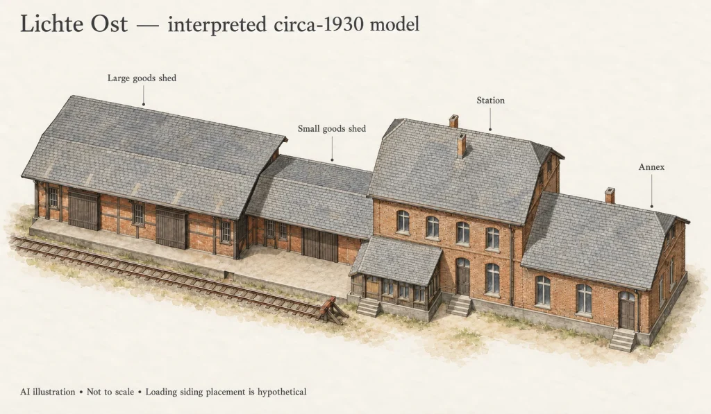 Illustrated setting view of the Lichte Ost station ensemble; an artist's impression, not a photograph.