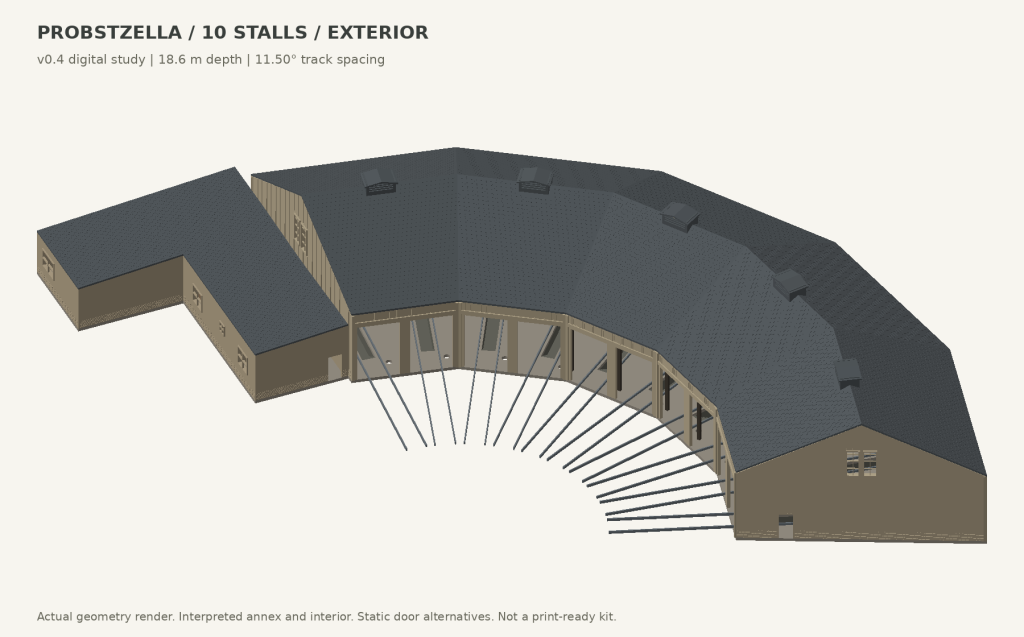 Probstzella roundhouse — exterior · v0.4 — CAD render, not a physical print