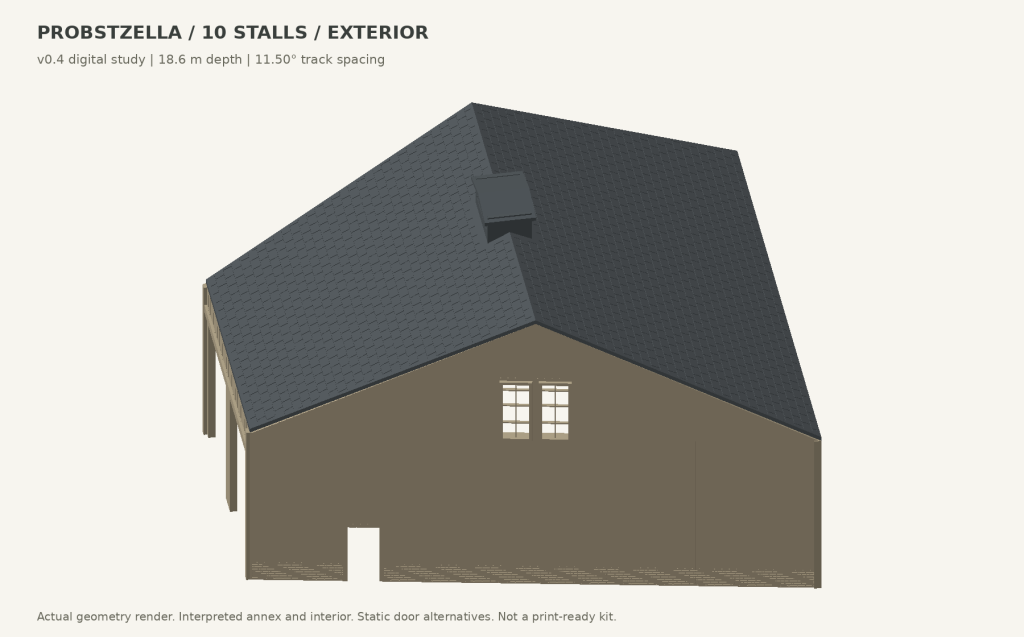 Probstzella roundhouse — roof and facade detail · v0.4 — CAD render, not a physical print