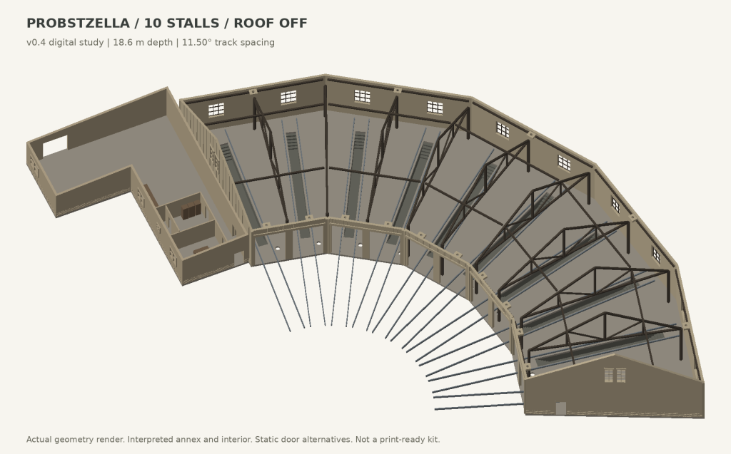 Probstzella roundhouse — roof-off interior · v0.4 — CAD render, not a physical print