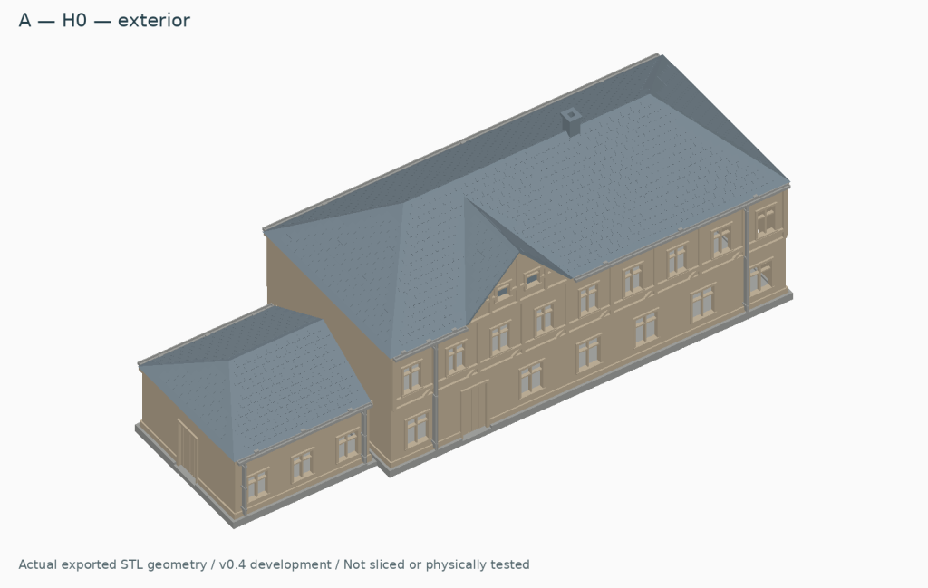 H0 development rendering of the Wallendorf half-timbered house with its low wing; physical testing is in progress.