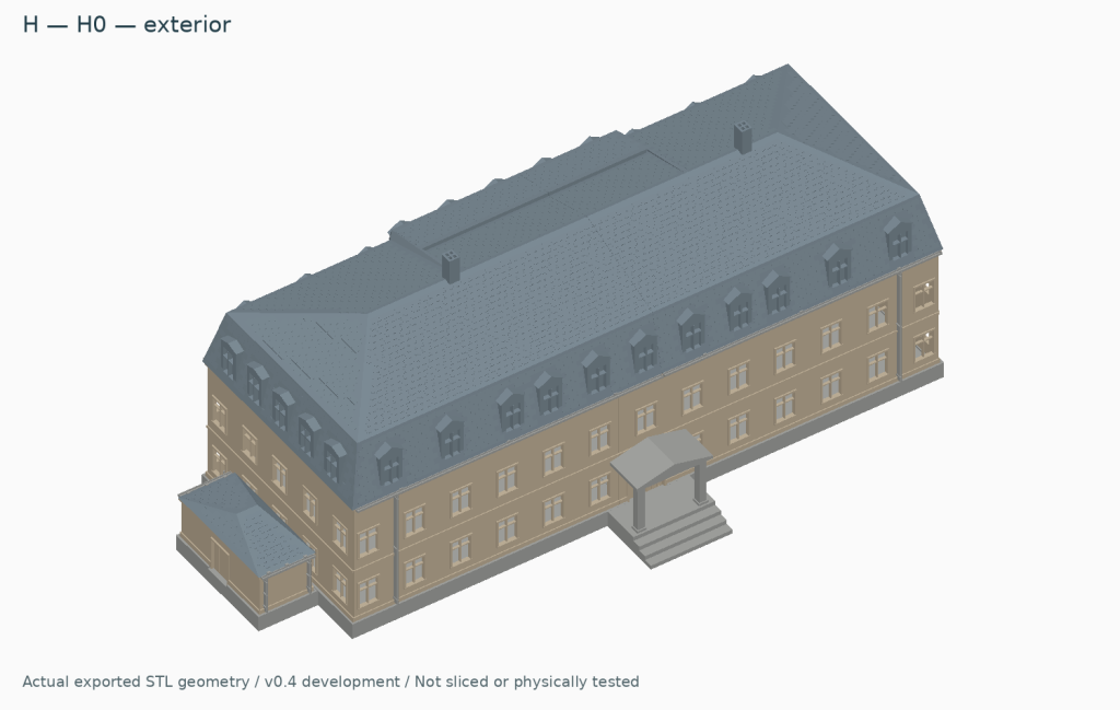 H0 development rendering of the Wallendorf Herrenhaus with its annex and entrance; physical testing is in progress.